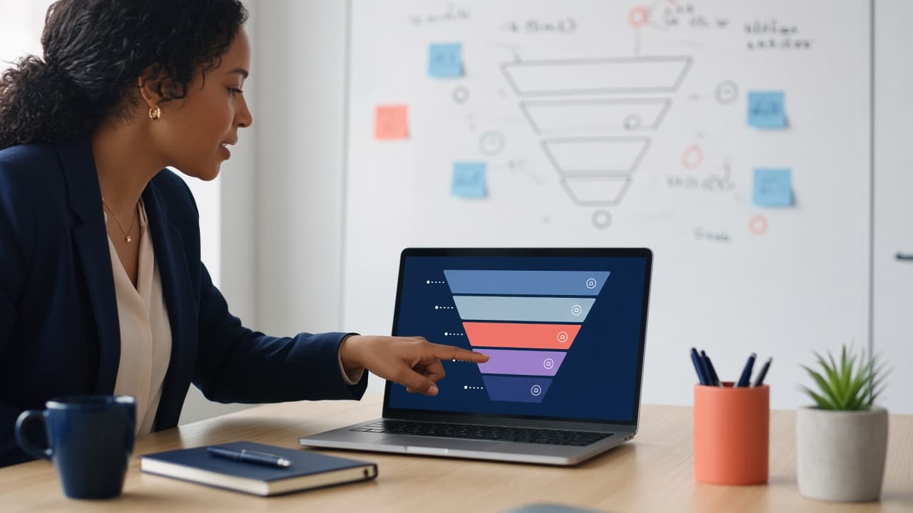 Recruiter reviewing a hiring funnel on laptop in a modern office